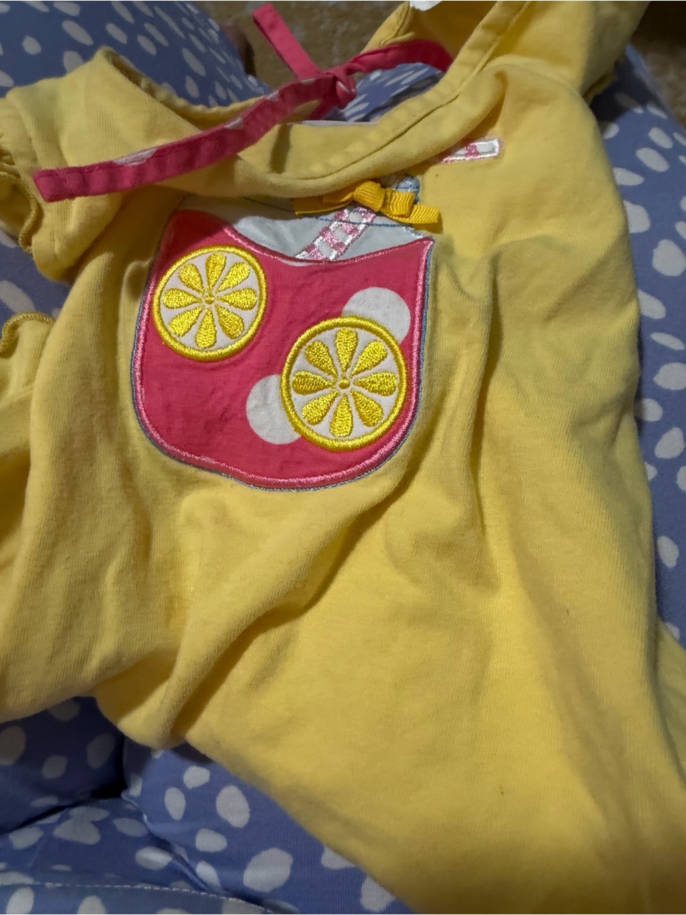 Ricrac & Ruffles Bright Yellow Girls size 5 with Pink Lemon Patch cut out GUC